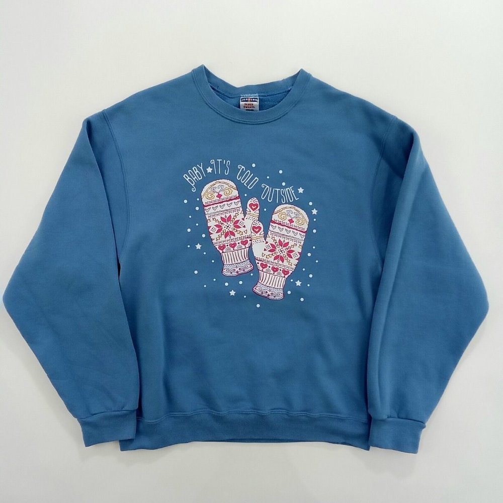 VTG Jerzees Baby It's Cold Outside Women's Crewneck Sweater Size M Light Blue